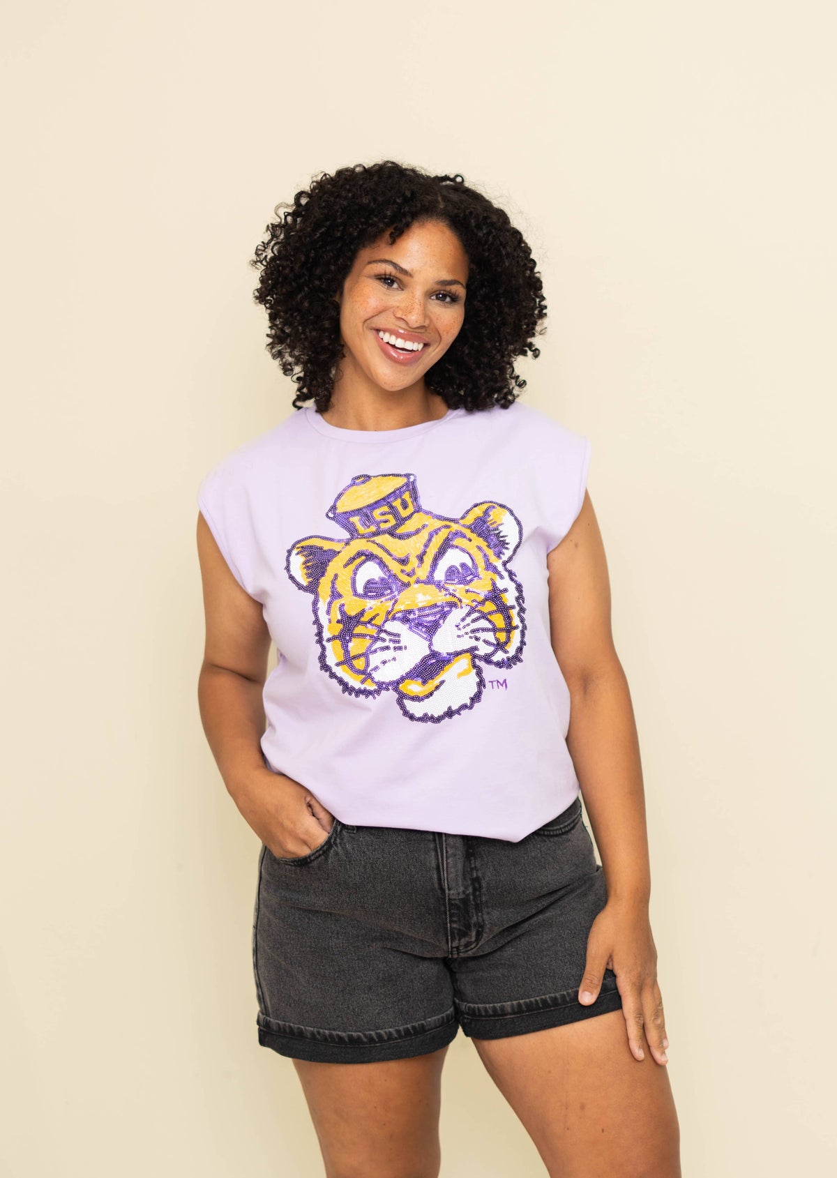 LSU Vintage Louisiana State University Women's Sequin Design Boxy Tank (Lavender)