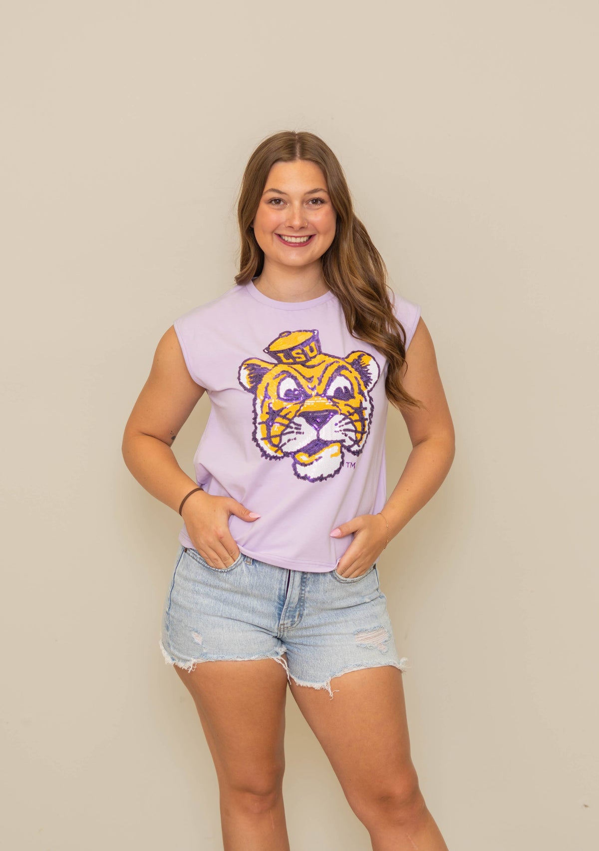 LSU Vintage Louisiana State University Women's Sequin Design Boxy Tank (Lavender)