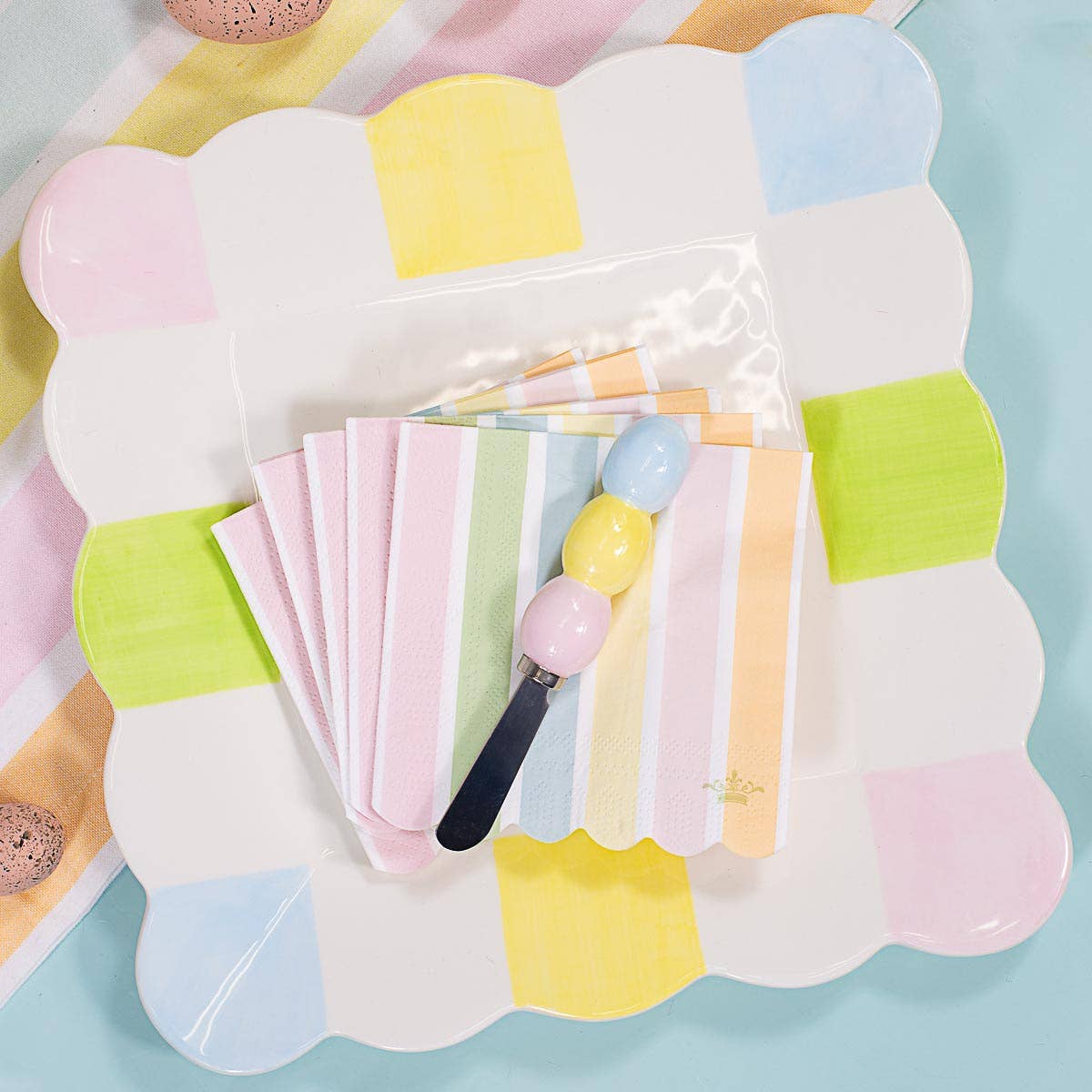 Candy Stripe Scalloped Square Platter White/Multi 11.5x11.5