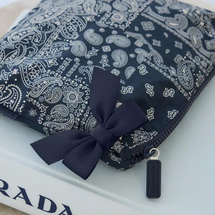 Navy Bandana Bow Crinkle Makeup Bag