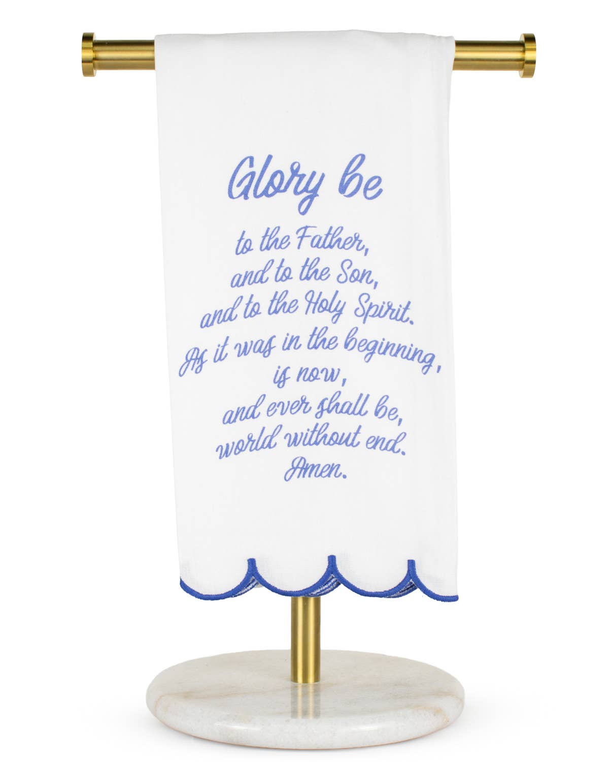 Glory Be Prayer Scalloped Hand Towel White/Blue 20x28