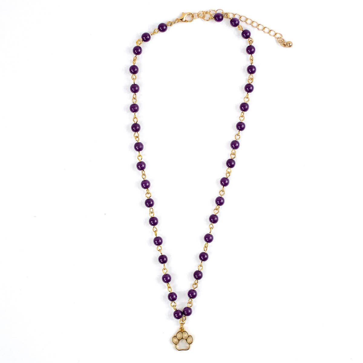 Paw Print Beaded Necklace Purple/Gold 16"