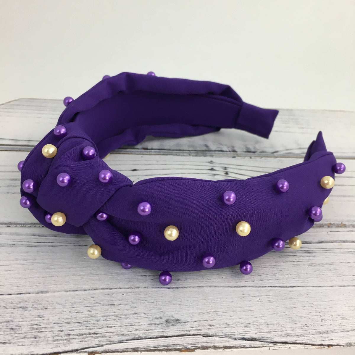 Purple and gold pearl knot headband