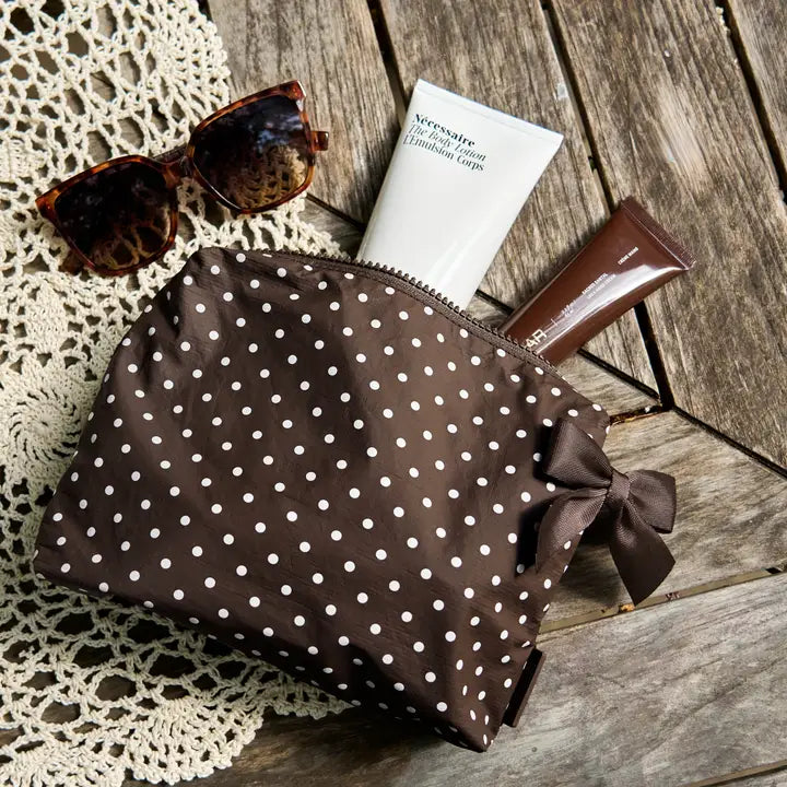 Espresso Polka Dot Bow Crinkle Makeup Bag