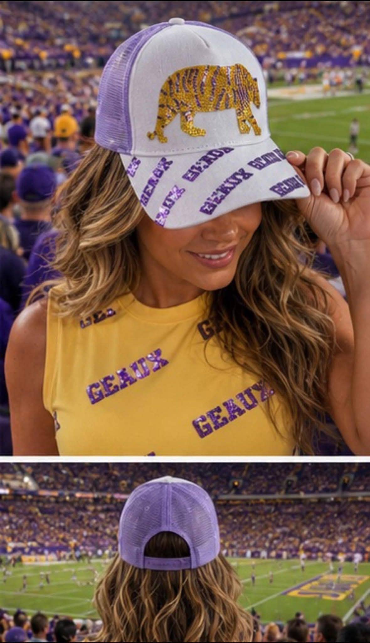 Tigers Louisiana Purple and yellow Geaux Sequin Trucker Hat 