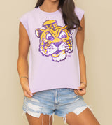 LSU Vintage Louisiana State University Women's Sequin Design Boxy Tank (Lavender)