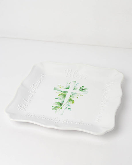 Bless the Food Cross Square Platter   White/Multi    11.5x11.5