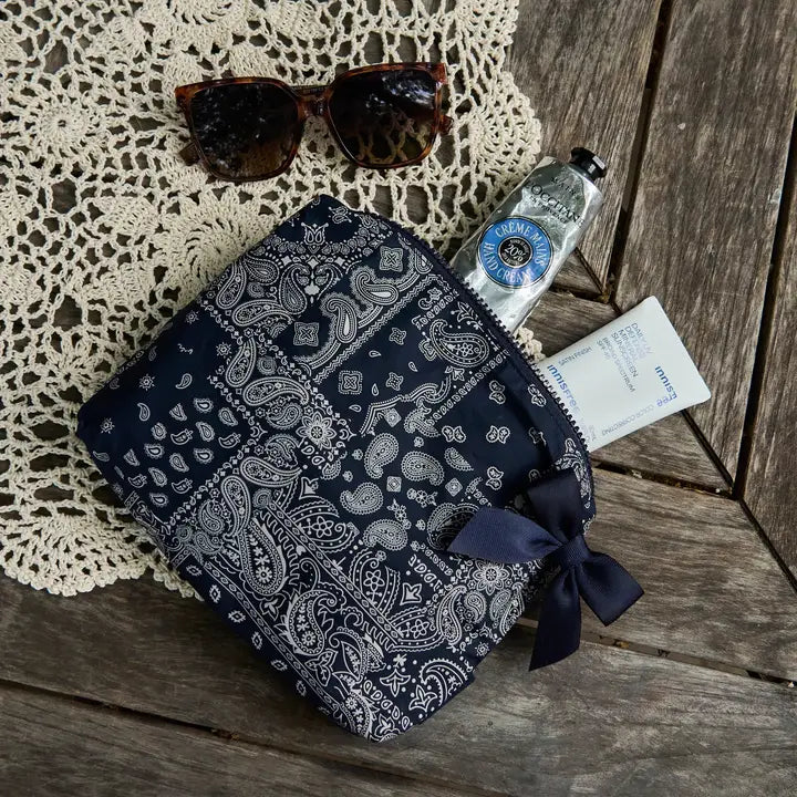 Navy Bandana Bow Crinkle Makeup Bag