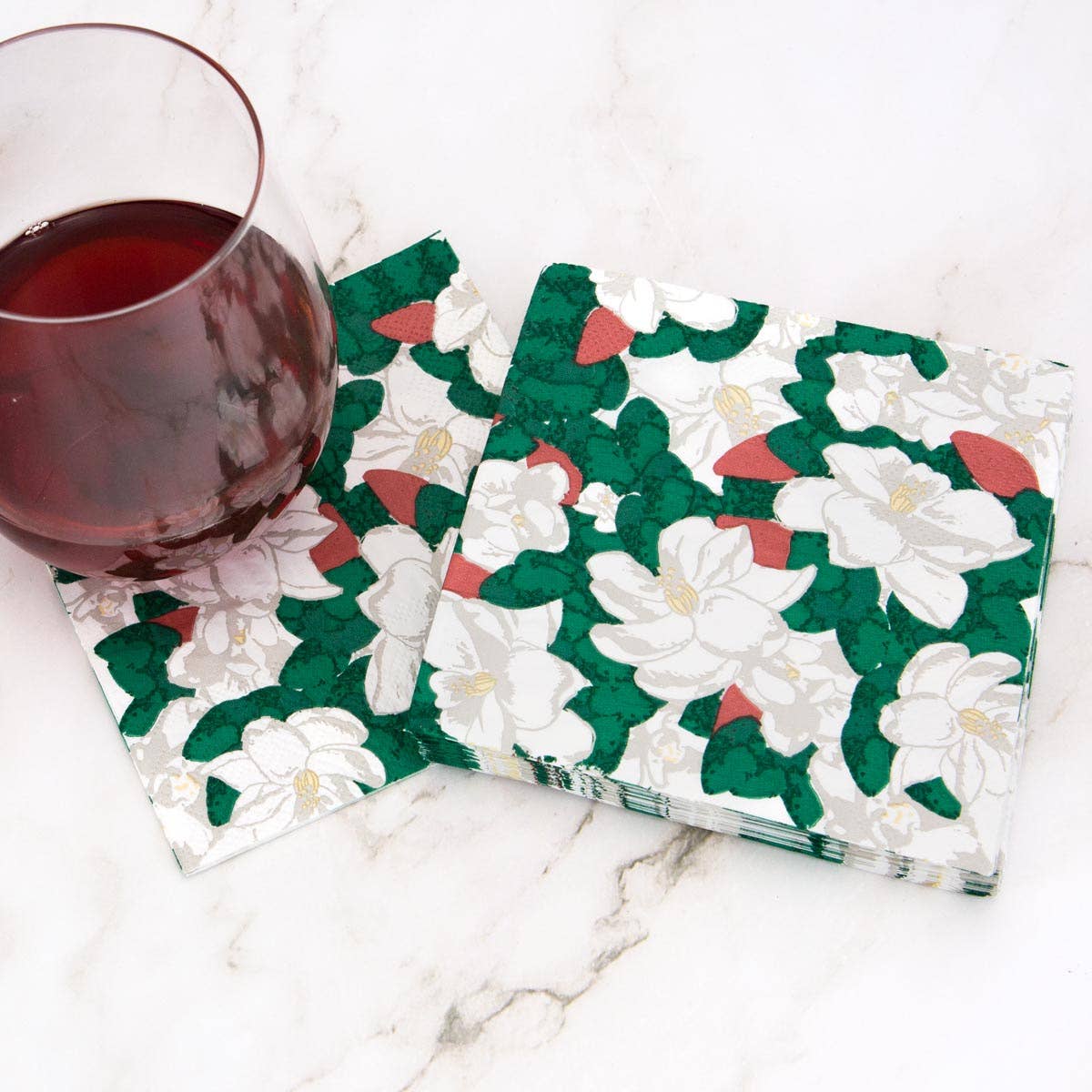 Magnolia Cocktail Napkins    Green/White   5x5